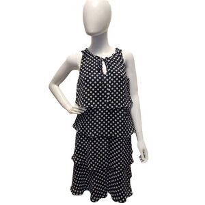 Roz & Ali Polka Dot Tierred Navy Blue Sleeveless Midi Dress Size 2